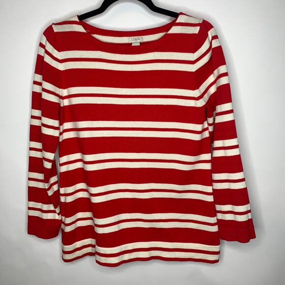 J Crew Red Cream Striped Sweater Crew Neck Sz Medium - Picture 1 of 6